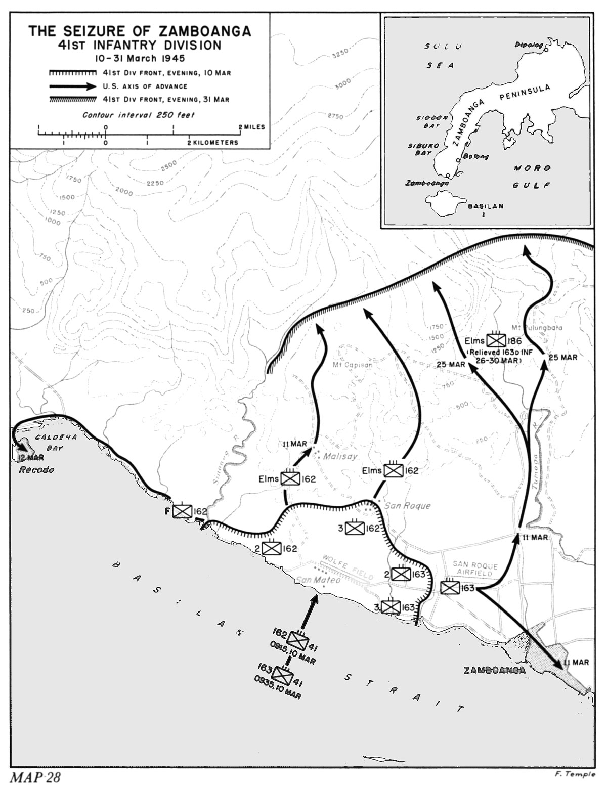 United States Army map of the invasion beachhead at Zamboanga, Mindanao, Philippines depicting the progress after the landings of 10 Mar 1945.