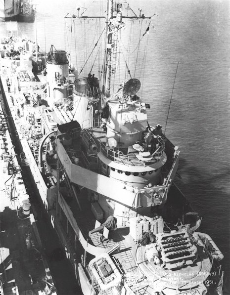 Overhead view of USS Nicholas at Mare Islands Naval Shipyard, Vallejo, California, United States, 17 Mar 1951. Photo 2 of 2.