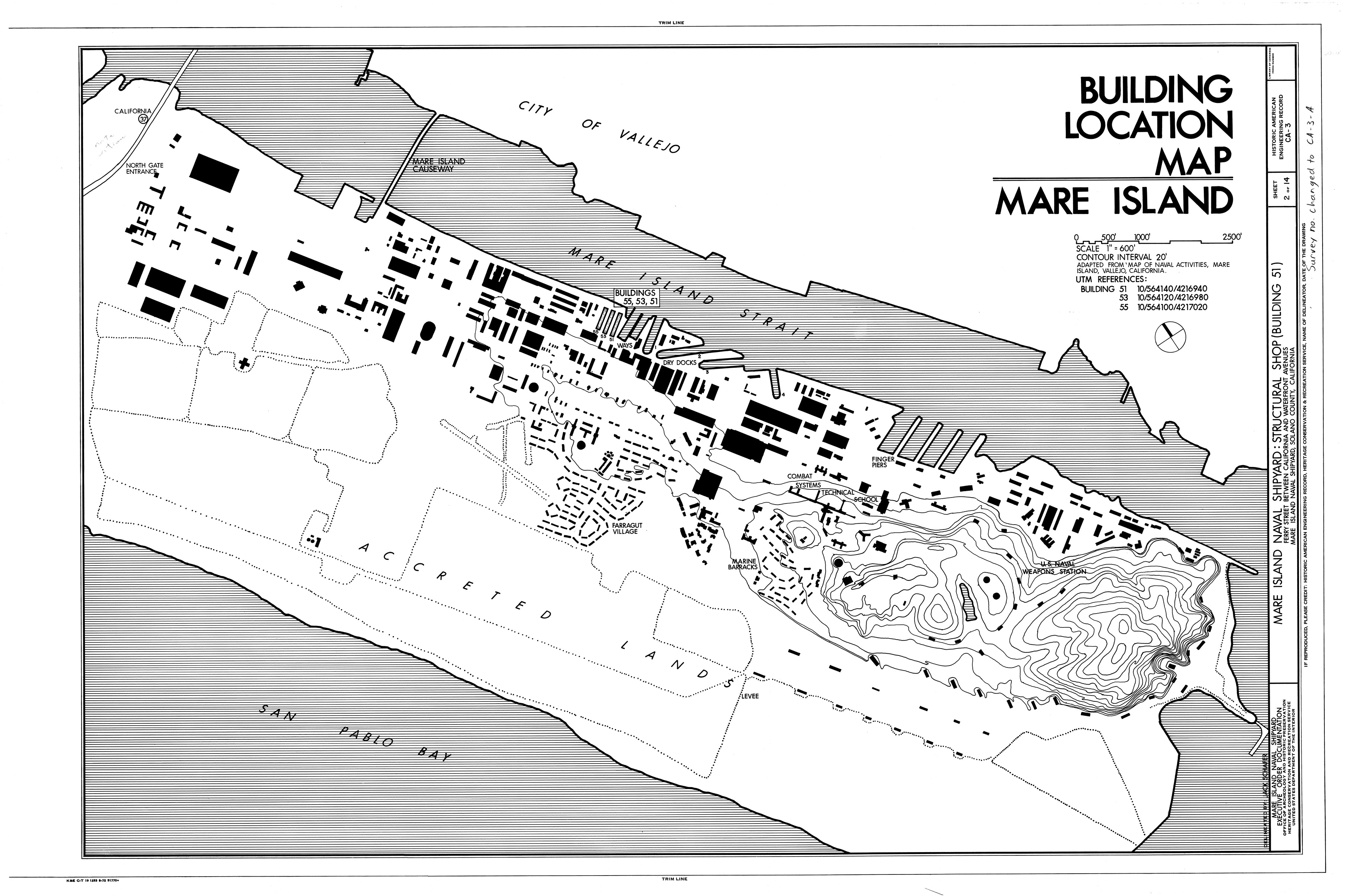 1970s map of Mare Island Naval Shipyard, Vallejo, California, United States.
