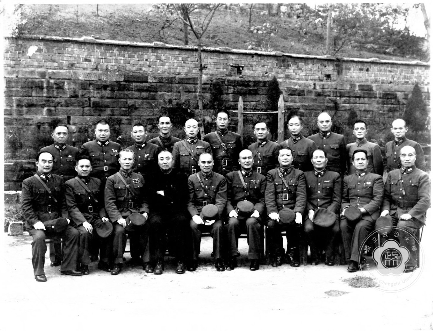 Group portrait of Chinese generals after a conference, Chongqing, China, 1943; note Hu Zongnan (first row, first from left), Chen Cheng (first row, third from left), Gu Zhutong (first row, fifth from left), Bai Chongxi (first row, fifth from right), Huang Zhenqiu (first row, third from right), and Yu Jishi (rear row, first from right)
