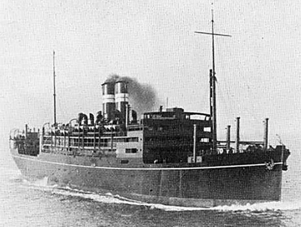 Starboard bow view of the passenger-cargo ship SS Tilawa underway, 1930s, location unknown.