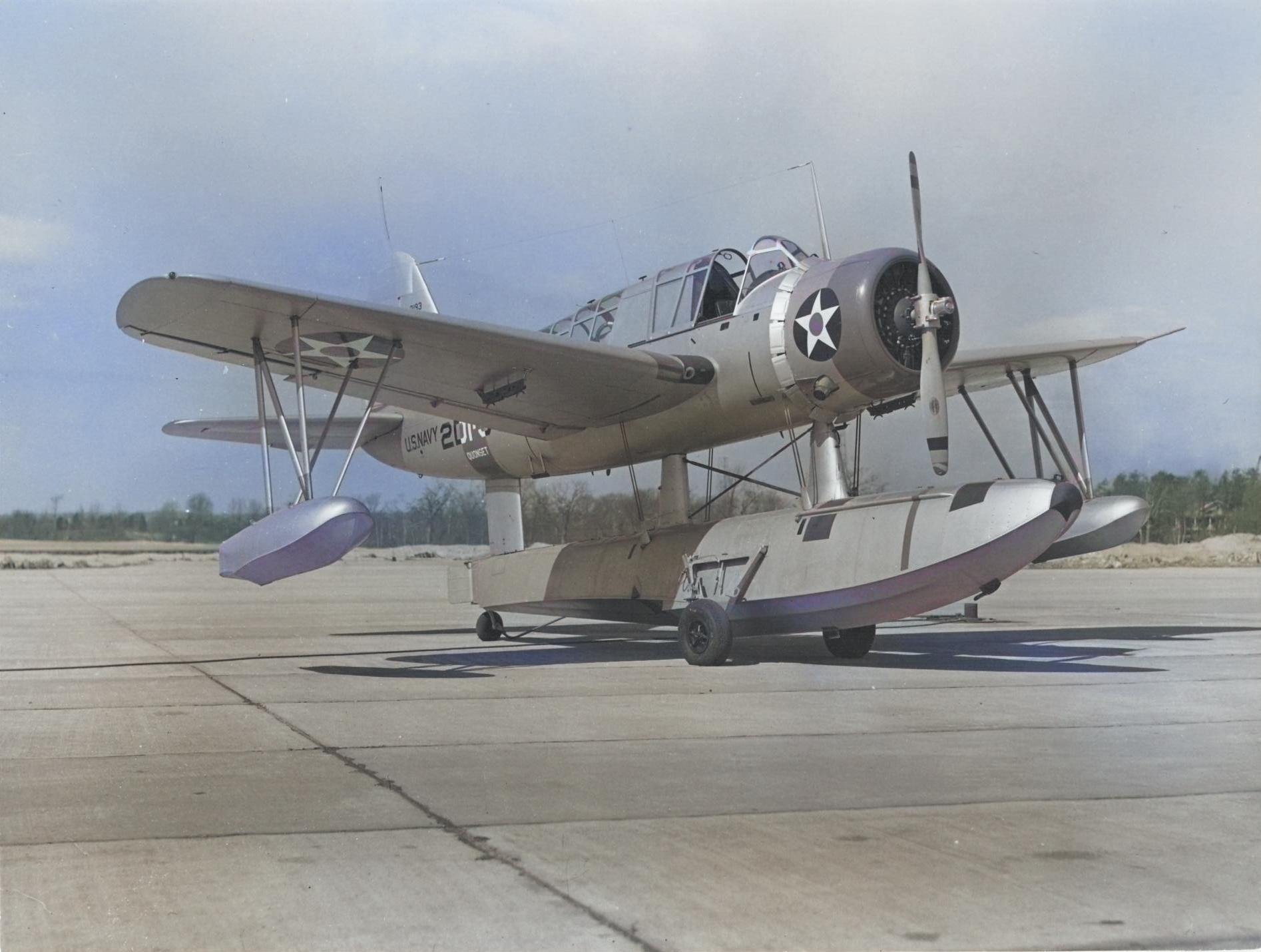 OS2U-2 Kingfisher of Scouting Squadron 2 on the seaplane ramp at NAS Quonset Point, Rhode Island, United States, Mar 20 1941. Photo 1 of 2 [Colorized by WW2DB]