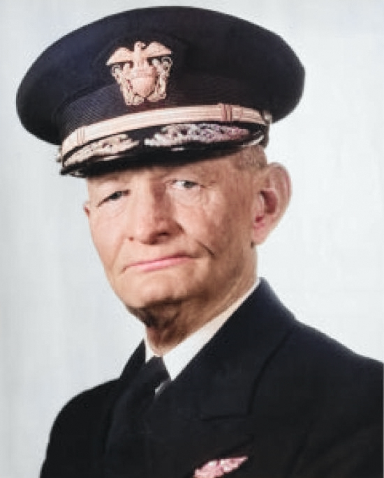 Portrait of Vice-Admiral John S. McCain, Feb 1945. Note the pre-1941 cap emblem with the left-facing eagle. McCain was known to resist 1941 cap update. [Colorized by WW2DB]