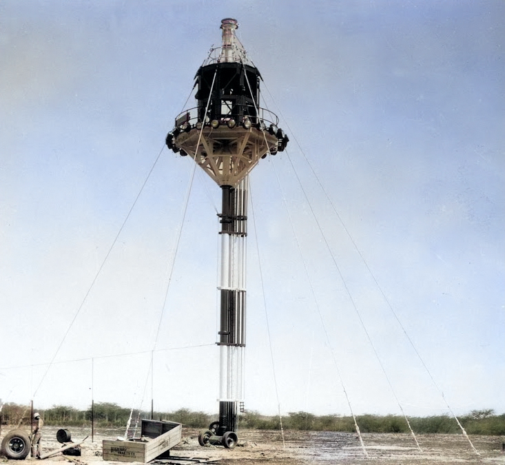 The mooring mast on the Ewa Plain, Oahu, Hawaii after being shortened to 50-ft, Mar 23, 1932. [Colorized by WW2DB]
