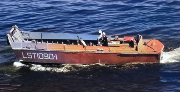 One of four LCVP landing crafts assigned to LST-1090, 1950s, location unknown. [Colorized by WW2DB]