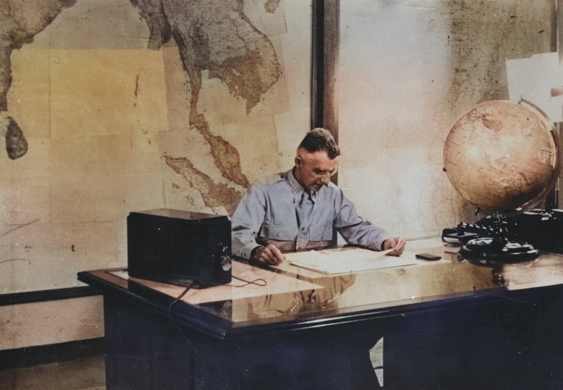General Joseph Stilwell working in his office at Kandy, Ceylon, Aug 1944 [Colorized by WW2DB]