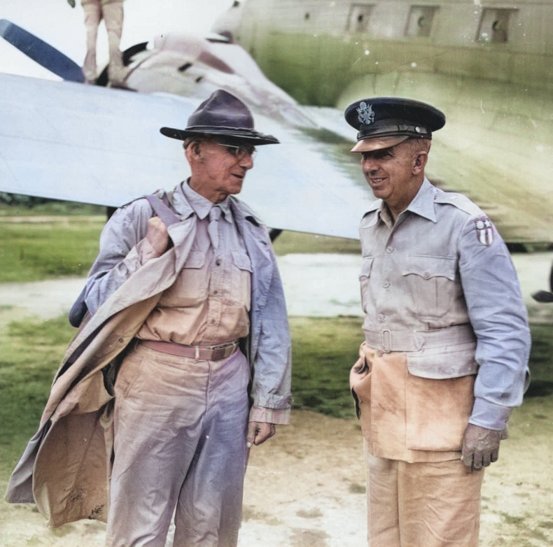 Lieutenant General Joseph Stilwell and Brigadier General Gilbert Cheves, Calcutta, India, 30 Jul 1944 [Colorized by WW2DB]