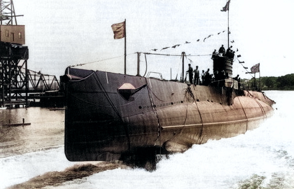 Launching ceremony of S-26, at Bethlehem Shipbuilding's Fore River Shipyard, Quincy, Massachusetts, United States, 22 Aug 1922 [Colorized by WW2DB]