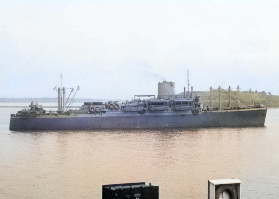USS Ancon, Boston, Massachusetts, United States, 12 Sep 1942, photo 1 of 2 [Colorized by WW2DB]