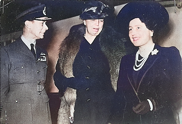 King George VI, Eleanor Roosevelt, and Queen Elizabeth, in London, England, United Kingdom, 23 Oct 1942 [Colorized by WW2DB]