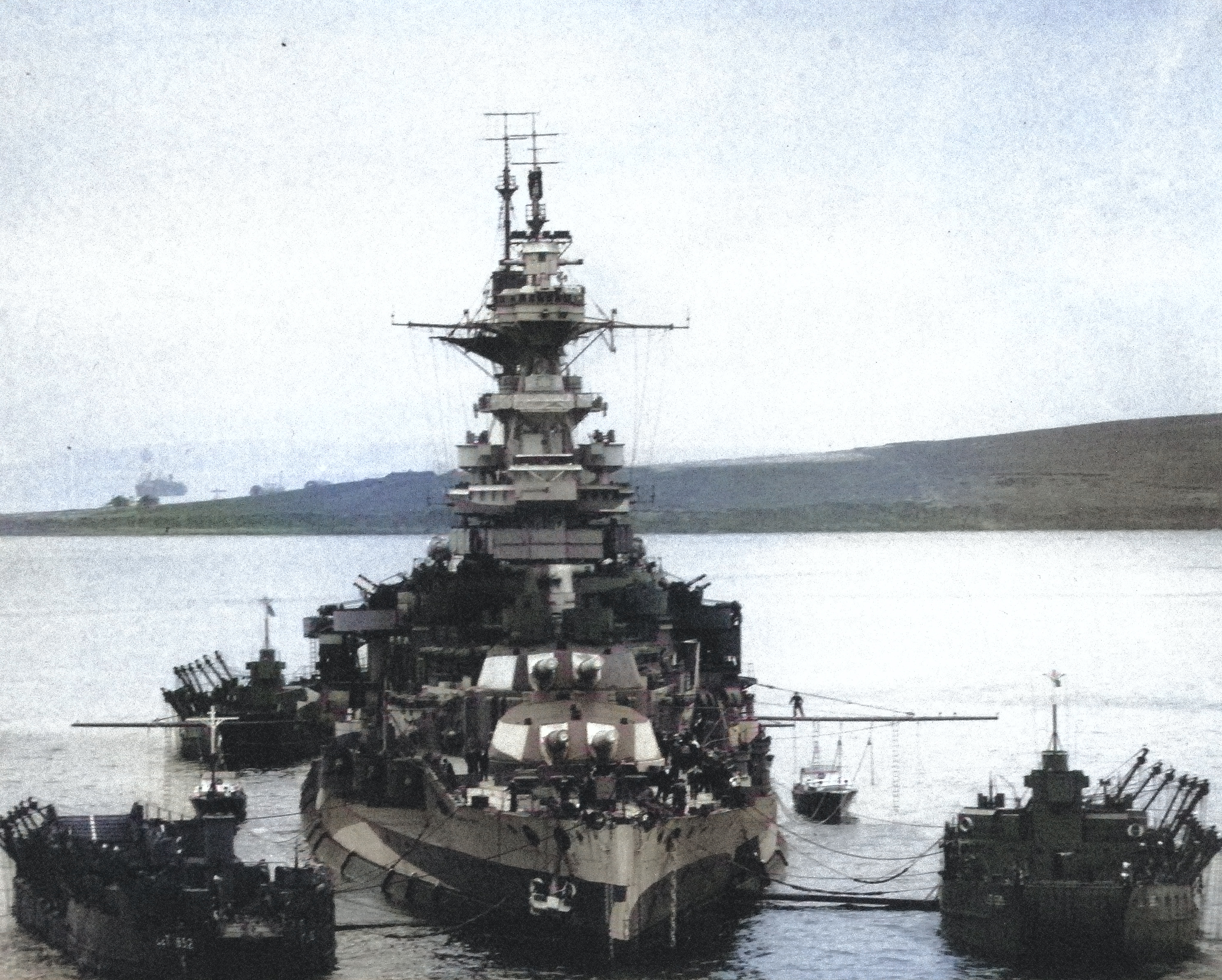 Battleship HMS Malaya at anchor in Gutter Sound, Scapa Flow, Orkney Islands, Scotland, United Kingdom, Aug 1943. [Colorized by WW2DB]