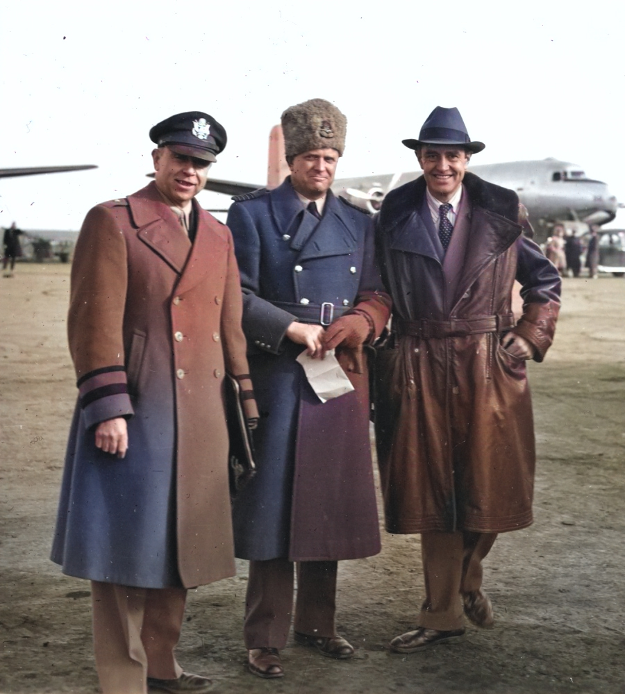 US Major General Edmund Hill, an unidentified British RAF Group Captain, and US ambassador to the Soviet Union W. Averell Harriman at Poltava Air Base, Ukraine, Feb 1945 as Harriman was traveling to the Yalta Conference. [Colorized by WW2DB]