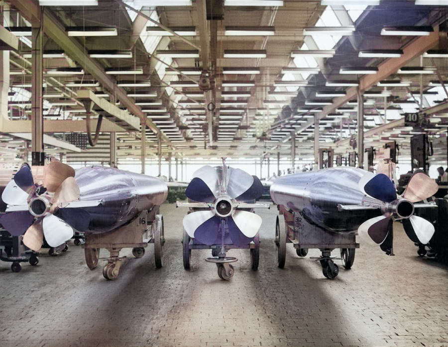 Propellers and after-bodies of Mark XV torpedoes at the Amertorp torpedo factory, Forest Park, Illinois, United States, 17 Aug 1944. [Colorized by WW2DB]