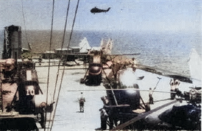 H-34 Chocktaw helicopters aboard USS Corregidor, off Lebanon, Jul 1958; seen in Oct 1958 issue of US Navy Naval Aviation News [Colorized by WW2DB]