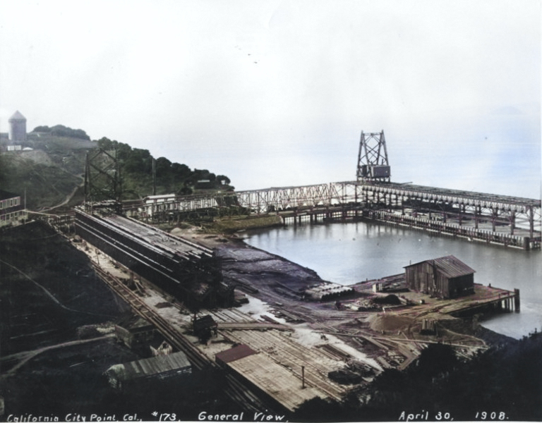 United States Navy coaling station, Tiburon, California, 30 Apr 1908. Note that the Navy caption refers to the area as California City, a briefly used name for the neighborhood. [Colorized by WW2DB]