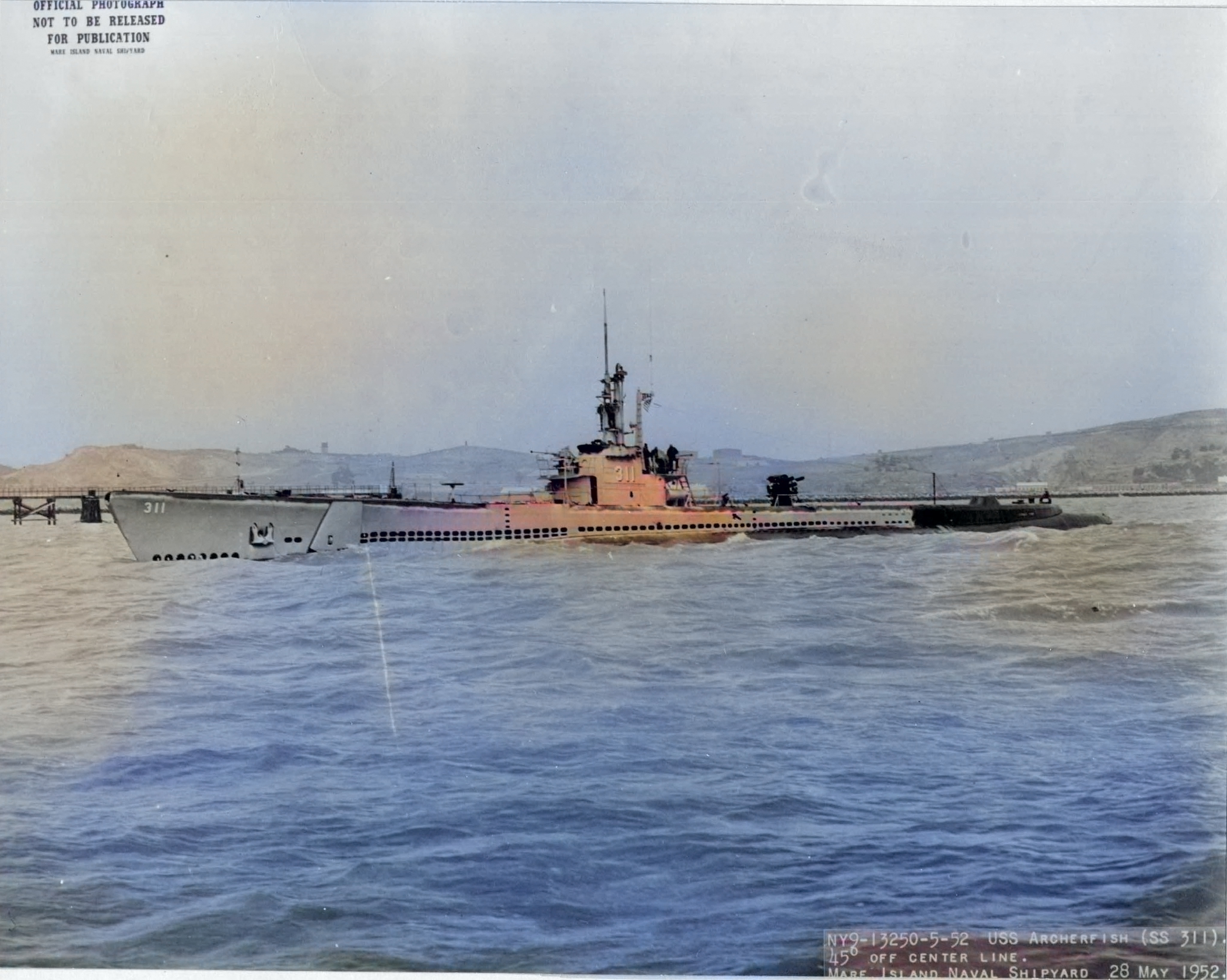 USS Archerfish off Mare Island Navy Yard, Vallejo, California, United States, 28 May 1952 [Colorized by WW2DB]