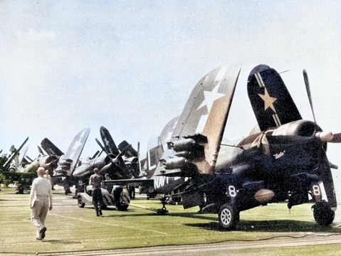 F4U-4 Corsair fighters of US Navy squadron VF-74 aboard USS Bon Homme Richard, off Korea, May 1952-Jan 1953 [Colorized by WW2DB]