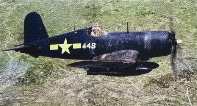 FG-1D Corsair fighter in flight over Okinawa, mid-1945; seen in Mar 1953 issue of US Navy publication Naval Aviation News [Colorized by WW2DB]