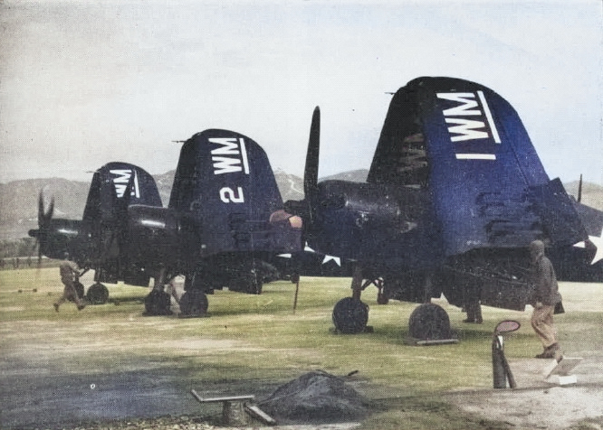 F4U-4 Corsair fighters of US Marine Corps group MAG-33, Camp Pendleton, California, United States, 1948; seen in Jun 1948 issue of US Navy publication Naval Aviation News [Colorized by WW2DB]