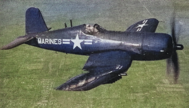 US Marine Corps AU-1 Corsair fighter in flight, 1952; seen in May 1952 issue of US Navy publication Naval Aviation News [Colorized by WW2DB]