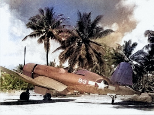 1st Lieutenant Rolland Rinabarger of US Marine Corps squadron VMF-214 in a F4U-1 Corsair fighter, Espiritu Santo, New Hebrides, Sep 1943 [Colorized by WW2DB]
