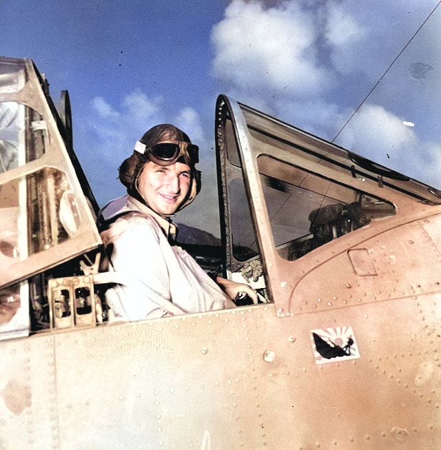 US Navy pilot Lieutenant Commander Lance E. Massey of Torpedo Squadron 3 in his TBD-1 Devastator aircraft, Naval Air Station Ford Island, Pearl Harbor, 24 May 1942 [Colorized by WW2DB]