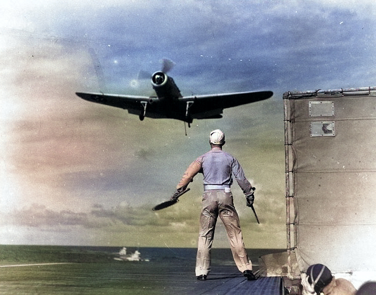 TBD-1 Devastator torpedo bomber landing on Enterprise, Jul 1941 [Colorized by WW2DB]