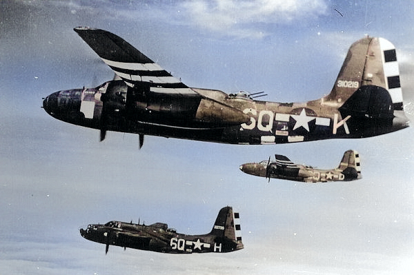 A-20 Havoc bombers of US 410th Bomb Group based at RAF Gosfield, England, United Kingdom, circa late 1944 [Colorized by WW2DB]