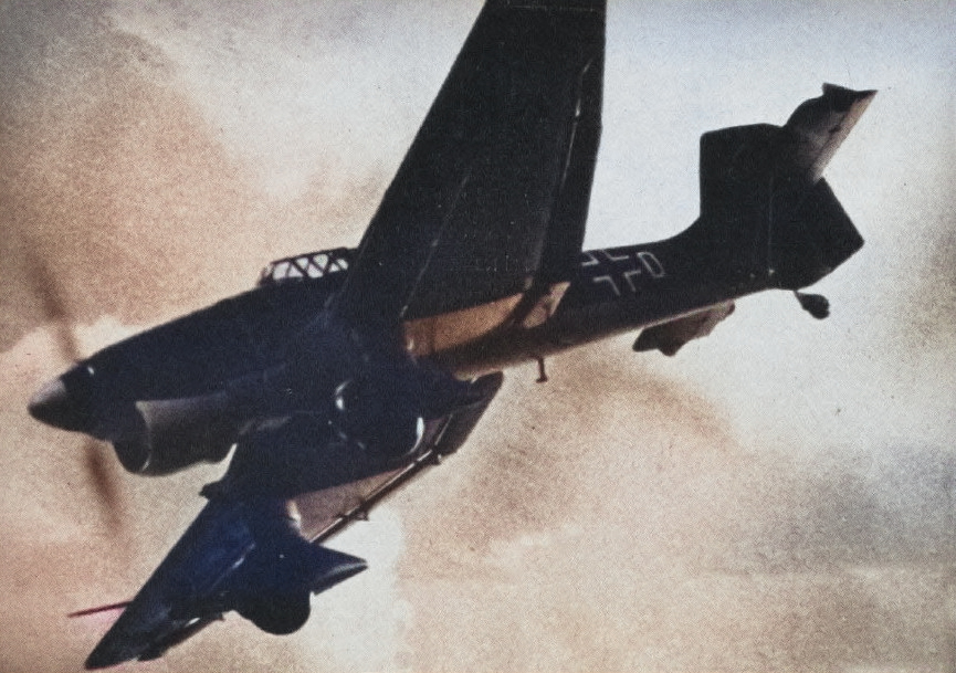 German Ju 87B Stuka dive bomber in flight, circa 1940; as seen in publication US Navy Naval Aviation News dated 1 Sep 1943 [Colorized by WW2DB]