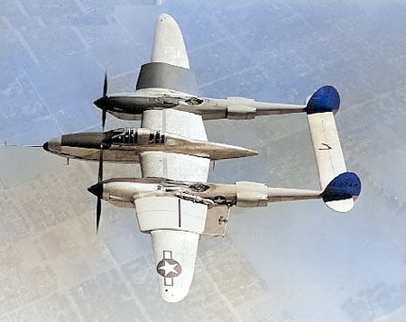 P-38E Lightning aircraft with experimental wings, southern California, United States, 1943 [Colorized by WW2DB]