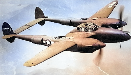 P-38H-5-LO Lightning aircraft in flight, Jul 1943 [Colorized by WW2DB]