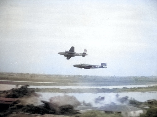 US B-25 bombers above the Japanese Lamsepo Airfield, Linkou, Taiwan, 16 Apr 1945 [Colorized by WW2DB]