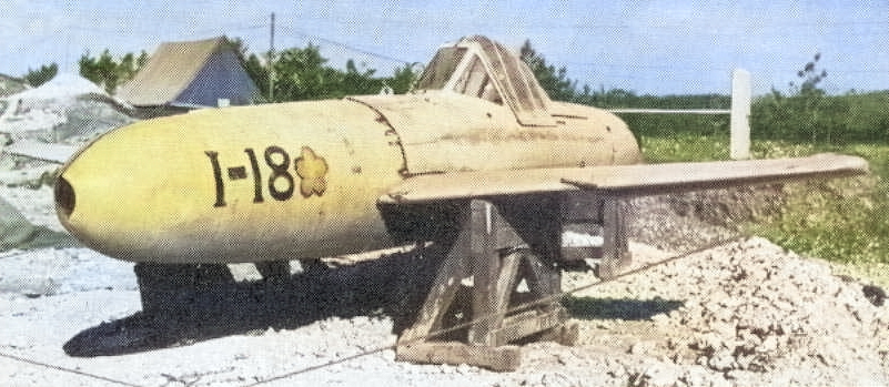 Captured MXY7 Ohka Model 11 aircraft I-18, Yontan Airfield, Okinawa, Japan, Apr 1945, photo 1 of 7 [Colorized by WW2DB]
