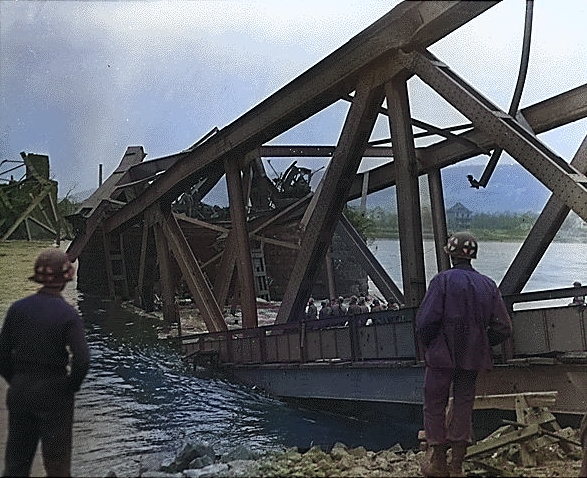 Ludendorff Bridge shortly after the collapse, Remagen, Germany, circa 17 Mar 1945 [Colorized by WW2DB]