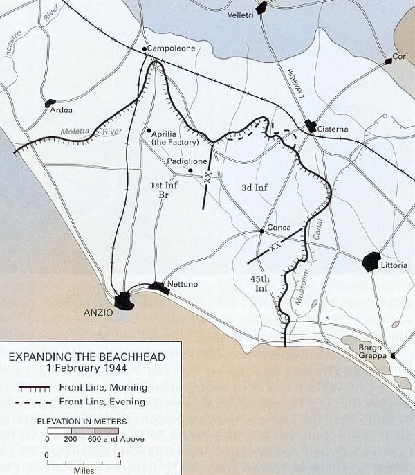 Map of Allied force dispositions at Anzio, Italy, 1 Feb 1944 [Colorized by WW2DB]