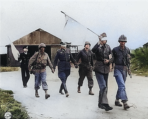 German officer prisoners being led back after talk with Allied officers near Brest, France, Sep 1944 [Colorized by WW2DB]