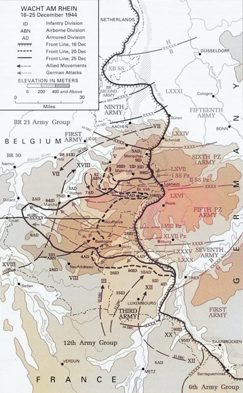 Map showing German gains during first days of the Battle of the Bulge, 16-25 Dec 1944 [Colorized by WW2DB]