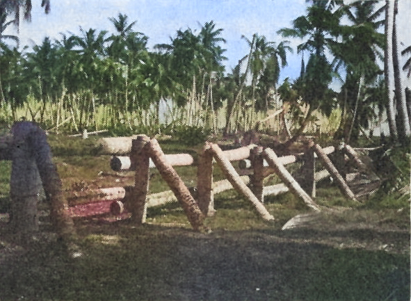 Japanese anti-tank barricade on Makin, Gilbert Islands; seen in US Army publication TM E 30-480 'Handbook On Japanese Military Forces' dated 15 Sep 1944 [Colorized by WW2DB]