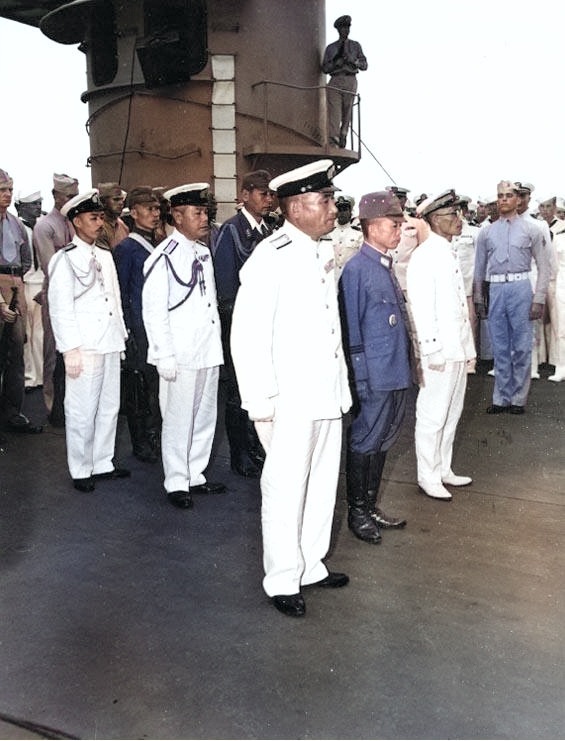 Japanese delegation aboard USS Portland to surrender Truk, Caroline Islands, 2 Sep 1945, 2 of 3 [Colorized by WW2DB]