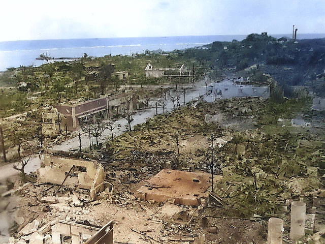 A town in shambles after American bombardment, Tinian, Mariana Islands, Aug 1944 [Colorized by WW2DB]