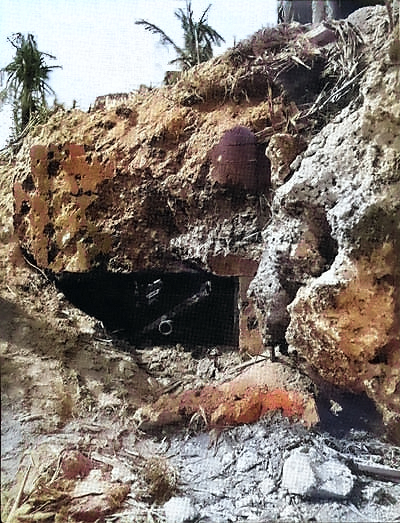 This 75mm Japanese gun position at Gaan Point wreaked havoc on men of the US 22nd Marine Regiment before it was silenced, Guam, Mariana Islands, Jul-Aug 1944 [Colorized by WW2DB]