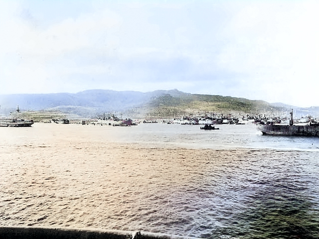 American naval vessels off Saipan, Mariana Islands, Jul-Aug 1944 [Colorized by WW2DB]