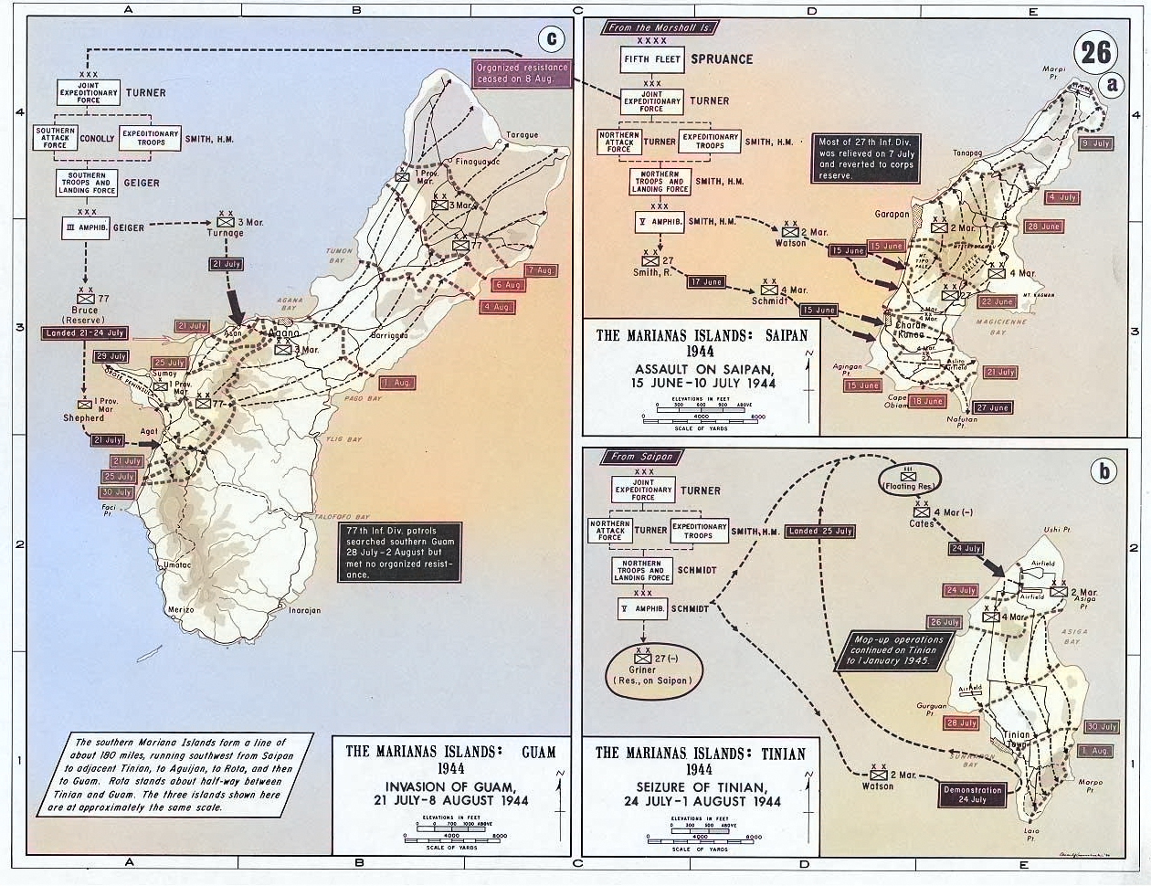 Map of the American invasions of Saipan, Tinian, and Guam of the Mariana Islands, 15 Jun-8 Aug 1944 [Colorized by WW2DB]
