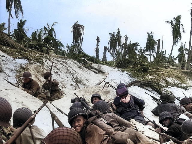 US Marines on the beaches of Eniwetok, Marshall Islands, 17 Feb 1944 [Colorized by WW2DB]