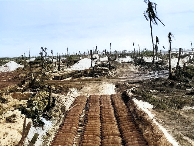 An American bomb dump in the Marshall Islands, 1944 [Colorized by WW2DB]