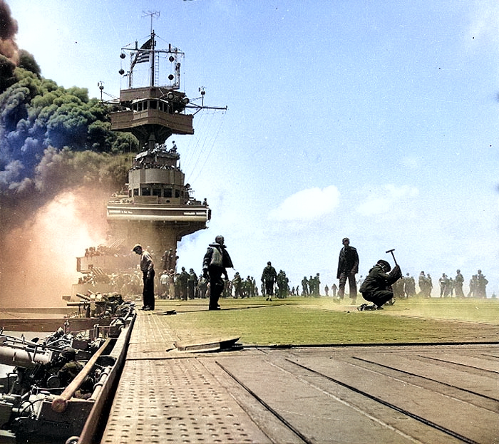 Yorktown burning after hit by three Japanese bombs, 4 Jun 1942 [Colorized by WW2DB]