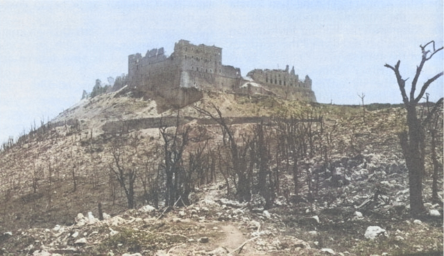 Monte Cassino monastery in ruins, Italy, Feb 1944, photo 2 of 2 [Colorized by WW2DB]