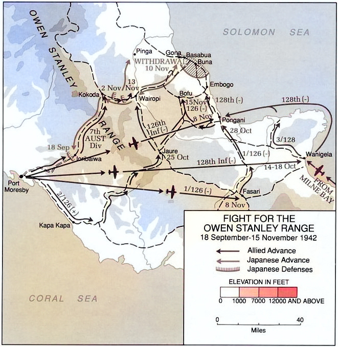 Map depicting Japanese attack and withdraw over the Owen Stanley Range, New Guinea, 18 Sep-15 Nov 1942 [Colorized by WW2DB]