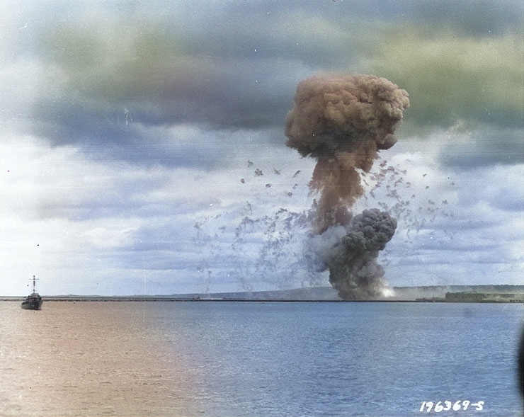 Ammunition dump explosion in Cherbourg harbor, France, 17 Aug 1944 [Colorized by WW2DB]