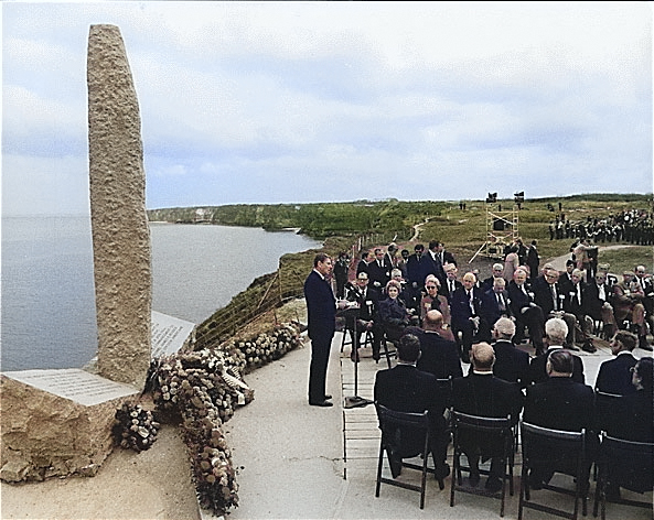 President Ronald Reagan spoke at the 40th anniversary of the Normandy invasion, Pointe du Hoc, Normandy, France, 6 Jun 1984 [Colorized by WW2DB]